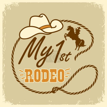 Illustration for My first rodeo vector colors printable illustration. Cowboy with lasso on wild horse hand drawn American illustration with text. - Royalty Free Image