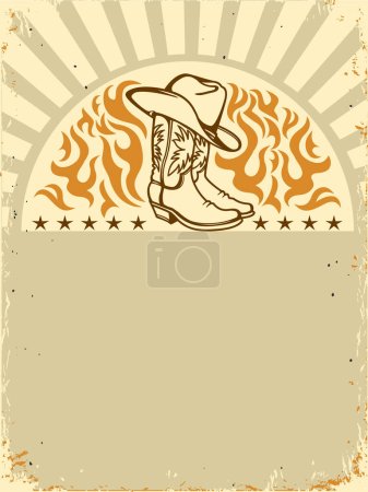 Ilustración de Cartel occidental con botas vaqueras y sombrero sobre fondo de papel viejo para texto. Vector vintage vaquero partido ilustración. - Imagen libre de derechos
