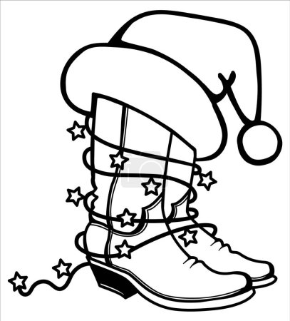 Illustration for Cowboy Christmas vector printable illustration. Cowboy boots and Santa hat Christmas lights decor isolated on white for print or design. - Royalty Free Image