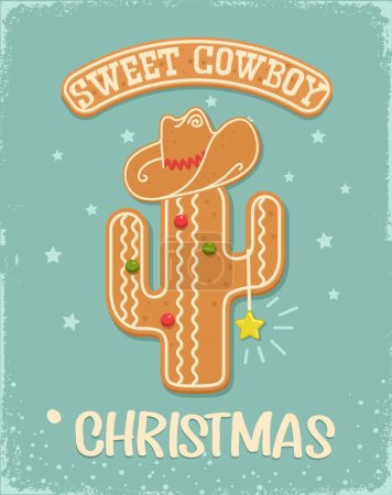 Illustration for Cowboy sweet Christmas gingerbread cookie vintage card background with cactus, cowboy hat and christmas text on old paper texture. Christmas gingerbread cowboy Howdy Western Xmas baked cookie holiday snow background. - Royalty Free Image