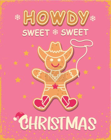 Téléchargez les photos : Cowboy Noël pain d'épice homme cookie carte vintage illustration avec texte de Noël sur la vieille texture de papier. Noël pain d'épice cow-boy Howdy Western Noël biscuit vacances fond de neige. - en image libre de droit