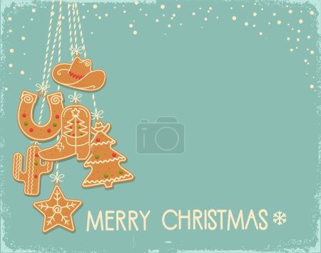Téléchargez les photos : Carte de Noël vintage Cowboy avec pendaison biscuits de pain d'épice de Noël design de style occidental. Biscuits vectoriels sucrés sur fond bleu neige de vacances pour le texte et les décorations. - en image libre de droit