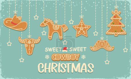Téléchargez les illustrations : Cowboy fond de carte de Noël avec pendaison biscuits de pain d'épice de Noël style occidental. Biscuits doux vectoriels sur fond bleu neige de vacances avec texte - en licence libre de droit