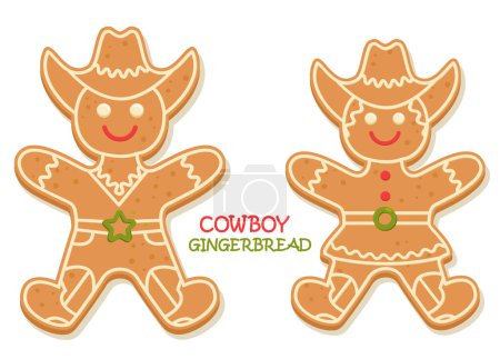 Téléchargez les photos : Cowboy Noël biscuit au pain d'épice vecteur clipart illustration isolé sur blanc. Noël pain d'épice cow-girl et cow-boy Howdy Western Noël biscuits cuits au four. - en image libre de droit