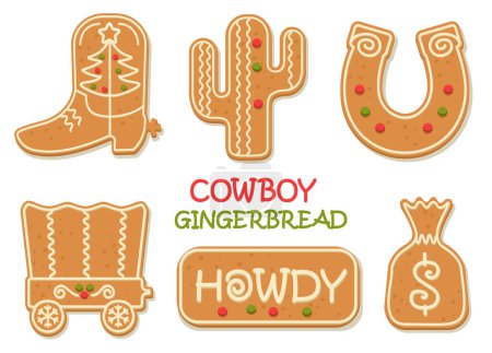 Téléchargez les photos : Cowboy Noël biscuits au pain d'épice illustration vectorielle clipart isolé sur blanc. Western Noël pain d'épice cow-boy Howdy Western Noël biscuits cuits cuits au four. - en image libre de droit