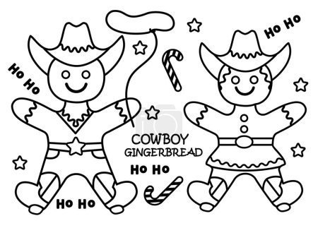 Téléchargez les illustrations : Cowboy Noël biscuits au pain d'épice illustration vectorielle clipart isolé sur blanc pour la coloration. Noël pain d'épice cow-girl et cow-boy Howdy Western Noël biscuits cuits au four. - en licence libre de droit