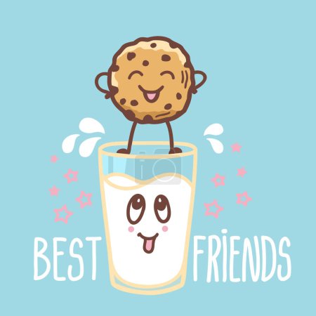 Galletas de chocolate y Happy Milk vector Tarjeta azul Fondo con texto Best Friends. Galletas vintage y leche lindo carácter ilustración Romántico Cookie Day para el diseño.