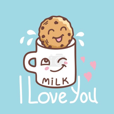 Schokoladenkekse und Milchvektorkarte Hintergrund mit Text. Vintage-Plätzchen und Milch niedlichen Charakter Illustration Romantic Cookie Day für Design.