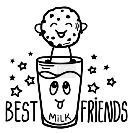 Cookie and milk best friend vector hand drawn illustration isolated on white for print or desing. Cute cookie love glass of milk in cartoon style print design.