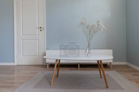 Photo for Living room furniture, coffee table and tv stand in front of blue empty wall and white door. Home decor in vase, scandinavian interior design. - Royalty Free Image