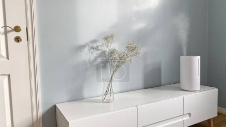 Téléchargez les photos : Humidificateur d'air moderne avec vapeur d'eau sur le stand de télévision dans le salon devant le mur bleu. Décor de maison en vase, style intérieur nordique minimaliste. - en image libre de droit