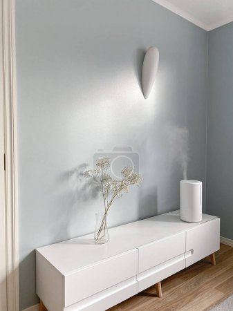 Téléchargez les photos : Humidificateur d'air moderne avec vapeur d'eau sur le stand de télévision dans le salon devant le mur bleu. Décor de maison en vase, style intérieur nordique minimaliste. - en image libre de droit