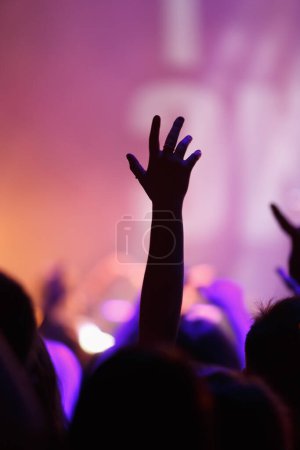 Téléchargez les photos : Fan de musique joyeux mis la main sur le concert. Fête du public du festival de musique électronique au DJ set préféré - en image libre de droit