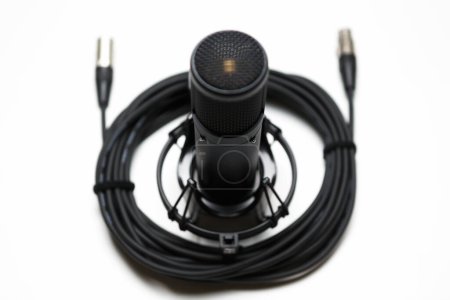 Téléchargez les photos : Microphone à condensateur professionnel sur fond blanc. Micro studio haute fidélité pour enregistrement sonore, chant et station de radio - en image libre de droit
