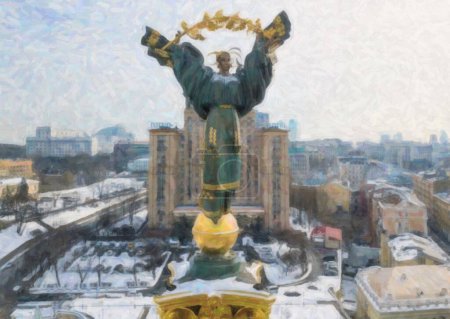 Téléchargez les photos : KYIV, UKRAINE-23 FÉVRIER 2018 : Statue de l'indépendance et de la liberté sur un piédestal en marbre dans le centre de Kiev. - en image libre de droit
