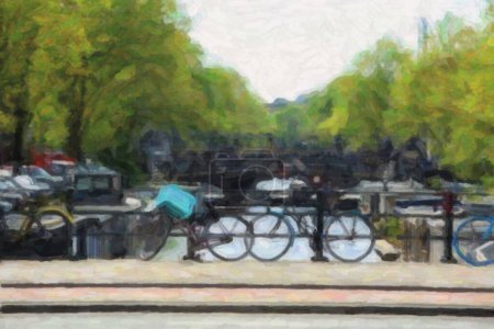 Téléchargez les photos : AMSTERDAM-1 MAI 2018 : Vieux vélos garés sur le pont sur le canal d'Amsterdam. Vintage chaîne de vélos à la main courante - en image libre de droit