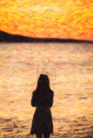 Téléchargez les photos : Silhouette de jeune fille regardant l'eau de mer et la lumière du coucher du soleil.Jeune touriste féminine profiter d'une belle vue sur la mer au crépuscule. Femme blanche regardant comment le soleil se couche sur l'horizon de l'eau sur la station estivale - en image libre de droit