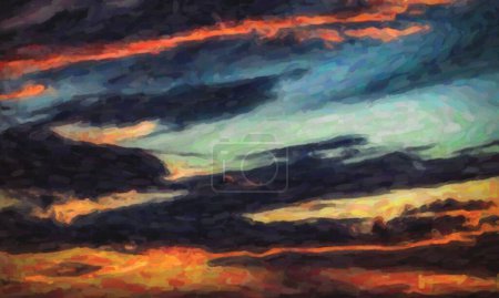 Téléchargez les photos : Aquarelle peinture de coucher de soleil dramatique dans le ciel nuageux - en image libre de droit