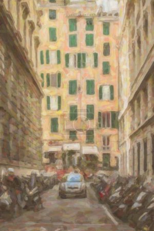 Photo for GENOVA,ITALY-12 OCTOBER,2018: Narrow city streets of Genoa town on Mediterranean Sea coast in Liguria.Popular travel destination for cultural tourism.Instagram vintage film filter - Royalty Free Image