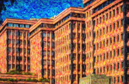Foto de Genova, Italia-12 de octubre, 2018: Arquitectura italiana moderna. Edificios de piedra rojos en la ciudad del centro de Génova. Destino popular para el turismo cultural. Filtro de película vintage de Instagram - Imagen libre de derechos