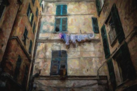 Téléchargez les photos : GENOVA, ITALIE-12 OCTOBRE, 2018 : Ancienne maison dans la rue étroite de la ville italienne Genoa.Destination de voyage populaire pour le tourisme culturel.Instagram vintage film filter - en image libre de droit