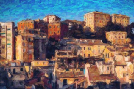 Téléchargez les photos : Genova, Italie-12 octobre, 2018 : Beau coucher de soleil dans la ville de Gênes en Liguria.Colroful vieux italien maisons. Destination de voyage populaire pour le tourisme culturel. Filtre vintage film Instagram - en image libre de droit