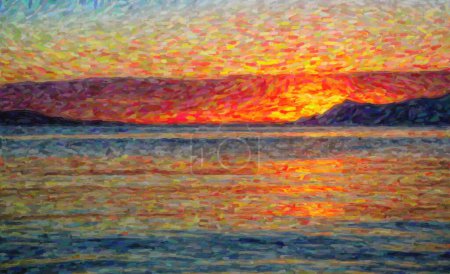 Foto de Hermosa puesta de sol en la costa croata en Europa.Sun baja sobre el horizonte en el mar Adriático.Vibrante luz del anochecer. Destino de viaje para un exótico crucero de vacaciones de verano a las islas. Fondo del paisaje marino - Imagen libre de derechos