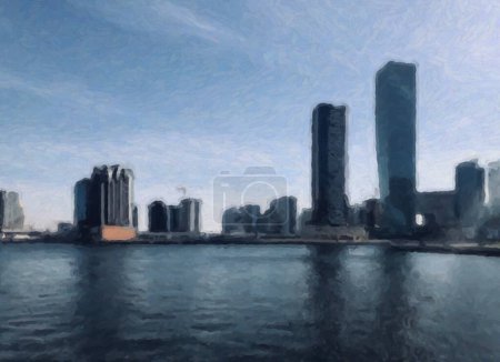 Foto de Modern city skyline with skyscrapers and fog - Imagen libre de derechos