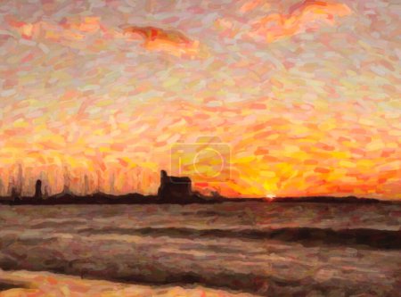 Téléchargez les photos : Aquarelle représentant un magnifique coucher de soleil orange au bord de la mer du golfe Persique. Peinture artistique du monument de Kite Beach à Dubaï, Émirats arabes unis - en image libre de droit