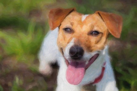 Téléchargez les photos : Aquarelle portrait de chien Jack Russell mignon dans le parc vert - en image libre de droit
