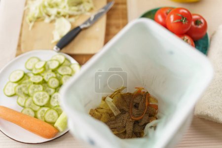 Photo for Domestic compost container with bokashi and organic food waste. Sustainable lifestyle concept - Royalty Free Image