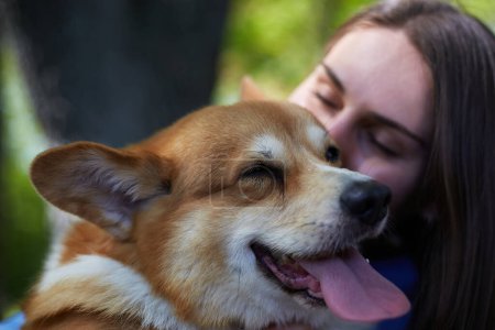 Photo for Owner kissing young Pembroke Welsh Corgi doggy. Young woman playing with adorable brown corgi dog in a park - Royalty Free Image
