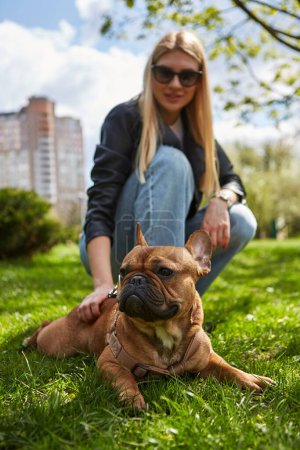 Téléchargez les photos : Jeune femme blonde promenant le chien dans un parc verdoyant. Chiot bouledogue français sain et actif couché sur l'herbe en plein air - en image libre de droit