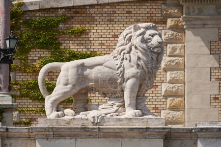 Photo for Stone lion monument at the entrance to Varkert Bazar (Hungarian: Vrkert Bazaar or Vrbazr) museum. Budapest, Hungary - 7 May, 2019 - Royalty Free Image