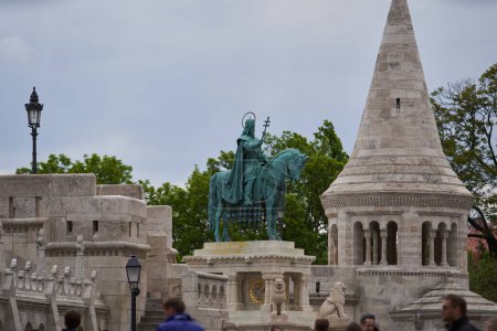 Photo for Bronze statue of King Saint Stephen on a horse (Hungarian: Szent Istvn kirly) at Fisherman's Bastion (Hungarian: Halszbstya). Budapest, Hungary - 7 May, 2019 - Royalty Free Image