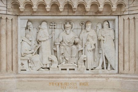 Photo for Marble stone bas relief on the statue of King Saint Stephen in Fisherman's Bastion. Budapest, Hungary - 7 May, 2019 - Royalty Free Image