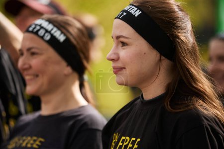 Photo for Portrait of Ukrainian runners at start line of the Spartan Race competition in Kyiv - 20 April,2024 - Royalty Free Image