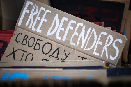 Photo for Banner "Free Defenders" on a public demonstration in Kyiv - 5 May,2024 - Royalty Free Image
