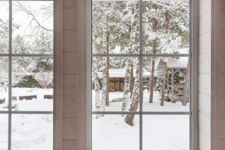 Accueil fenêtres isolées en vinyle avec vue hivernale sur les arbres et les plantes enneigés, cour