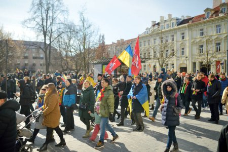 Foto de VILNIUS, LITUANIA - 11 de marzo de 2022: Gente alegre llevando banderas tricolores lituanas en un evento festivo mientras Lituania conmemoraba el 32º aniversario de su restauración de la independencia. - Imagen libre de derechos