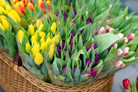 Foto de Beautiful colorful tulips sold in outdoor flower shop in Vilnius, Lithuania - Imagen libre de derechos