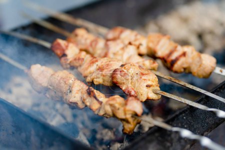 Chicken kabobs grilled on metal skewers outdoors. Eating outdoors in summer.
