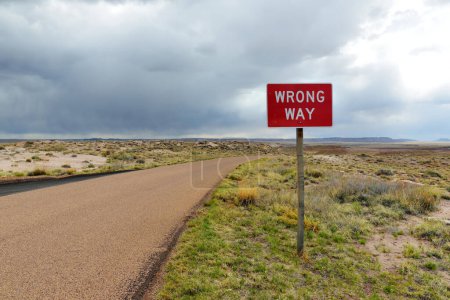 Foto de WRONG WAY sign in Petrified Forest National Park, Arizona, USA. Exploring the American Southwest. - Imagen libre de derechos