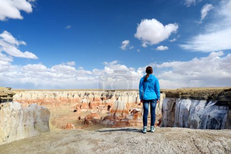 Téléchargez les photos : Young female hiker admiring views of stunning striped sandstone formations of Coal Mine Canyon, Arizona, USA. Exploring the American Southwest. - en image libre de droit
