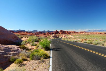 Téléchargez les photos : A road leading through sandstone formations in Valley of Fire State Park, Nevada, USA. Exploring the American Southwest. - en image libre de droit