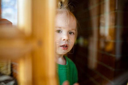 Photo for Adorable toddler boy looking out the window. Small child having fun at home. - Royalty Free Image