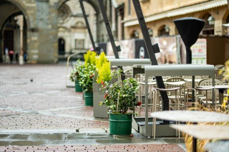 Foto de Pequeñas mesas de restaurante al aire libre vacías decoradas con rosales en macetas en la ciudad de Bérgamo, Lombardía, Italia - Imagen libre de derechos