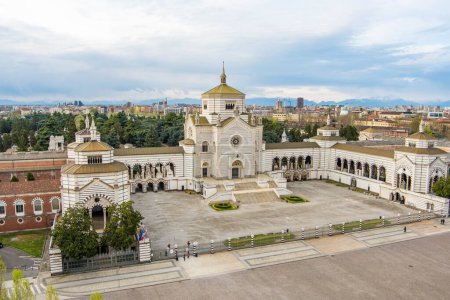 Photo for Aerial view of Cimitero Monumentale di Milano or Monumental Cemetery of Milan, the burial place of the most remarkable Italians, noted for the abundance of artistic tombs and monuments. Milan, Italy. - Royalty Free Image