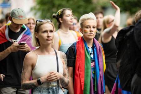 Photo for VILNIUS, LITHUANIA - JULY 1, 2023: Happy cheerful people participating in Vilnius Pride 2023 parade, that took place in Vilnius Old Town. Event celebrating lesbian, gay, bisexual, LGBTI culture pride. - Royalty Free Image