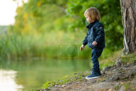 Foto de Adorable niño admirando el lago Balsys, uno de los seis Lagos Verdes, ubicado en el Parque Regional de Verkiai. Niño explorando la naturaleza en el día de otoño en Vilna, Lituania. Actividades divertidas de otoño para niños. - Imagen libre de derechos